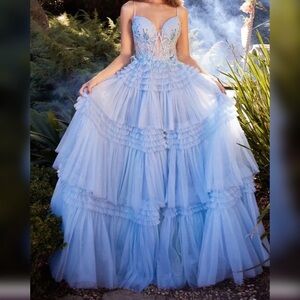 Blue ruffle non traditional wedding dress, pageant gown or prom dress ball gown